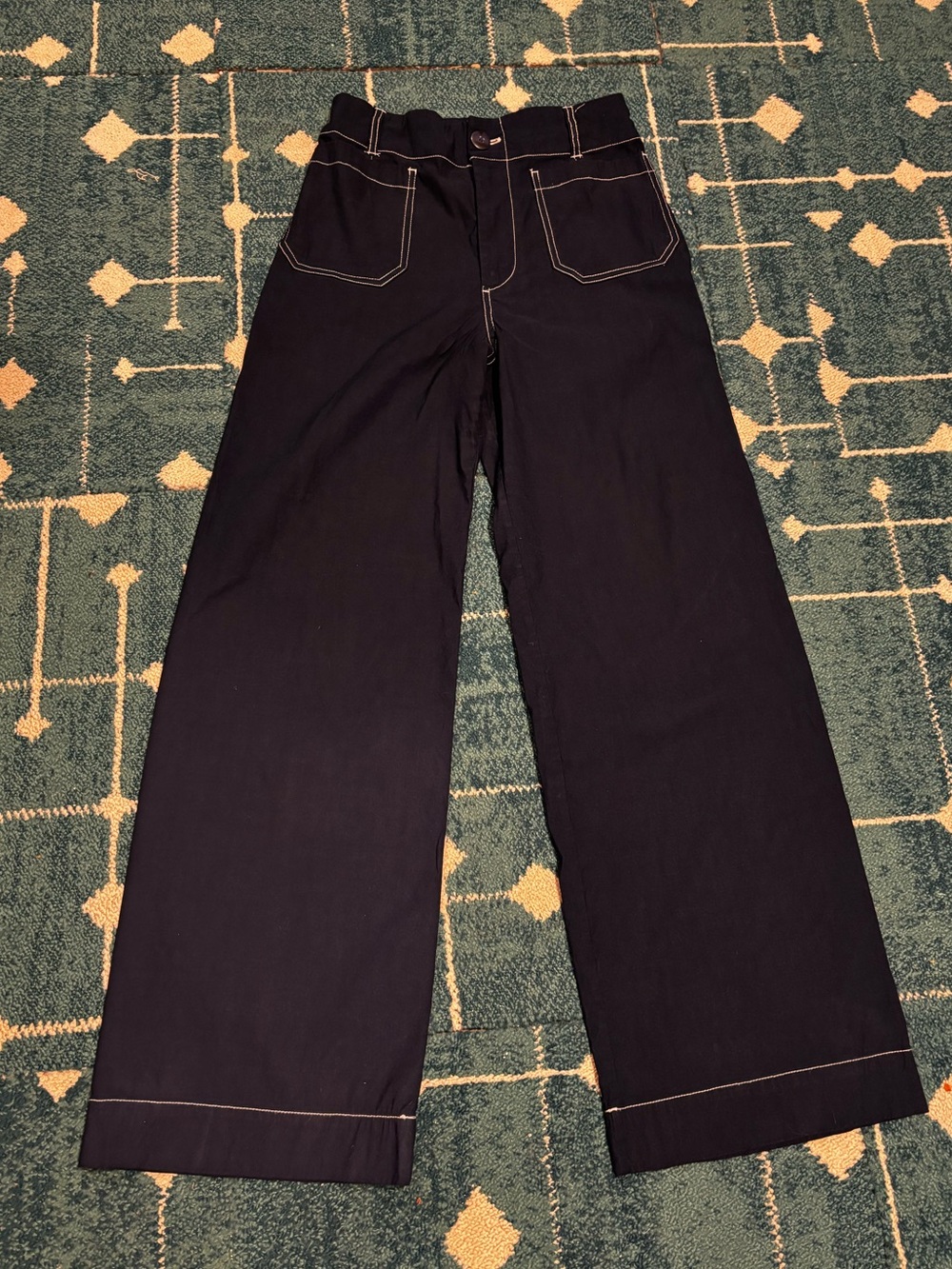 Anthropologie Maeve Navy Wide-Leg Jeans with White Contrast Stitching, Size 28